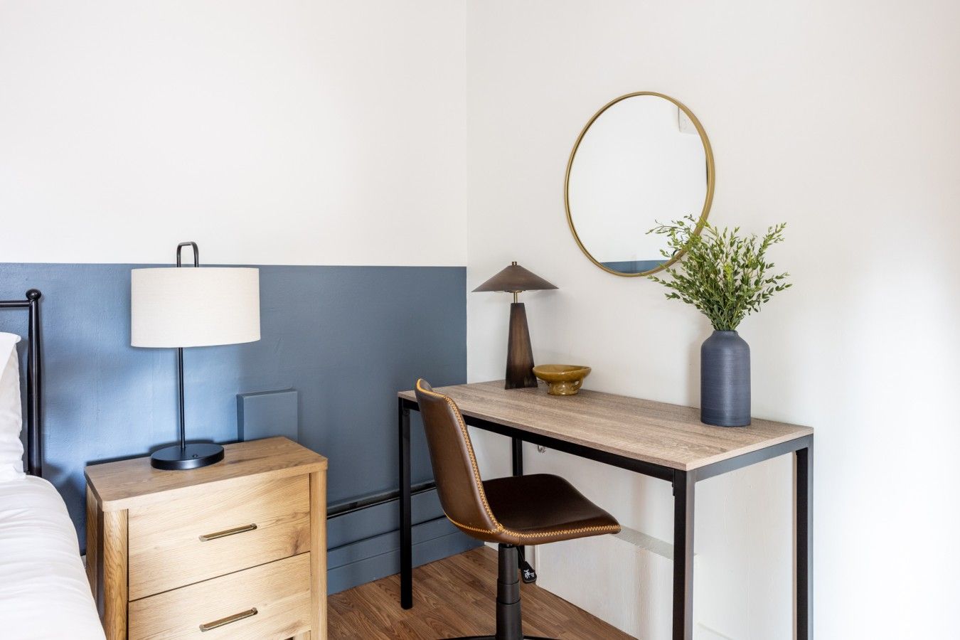 Workspace with slate blue painted lower wall