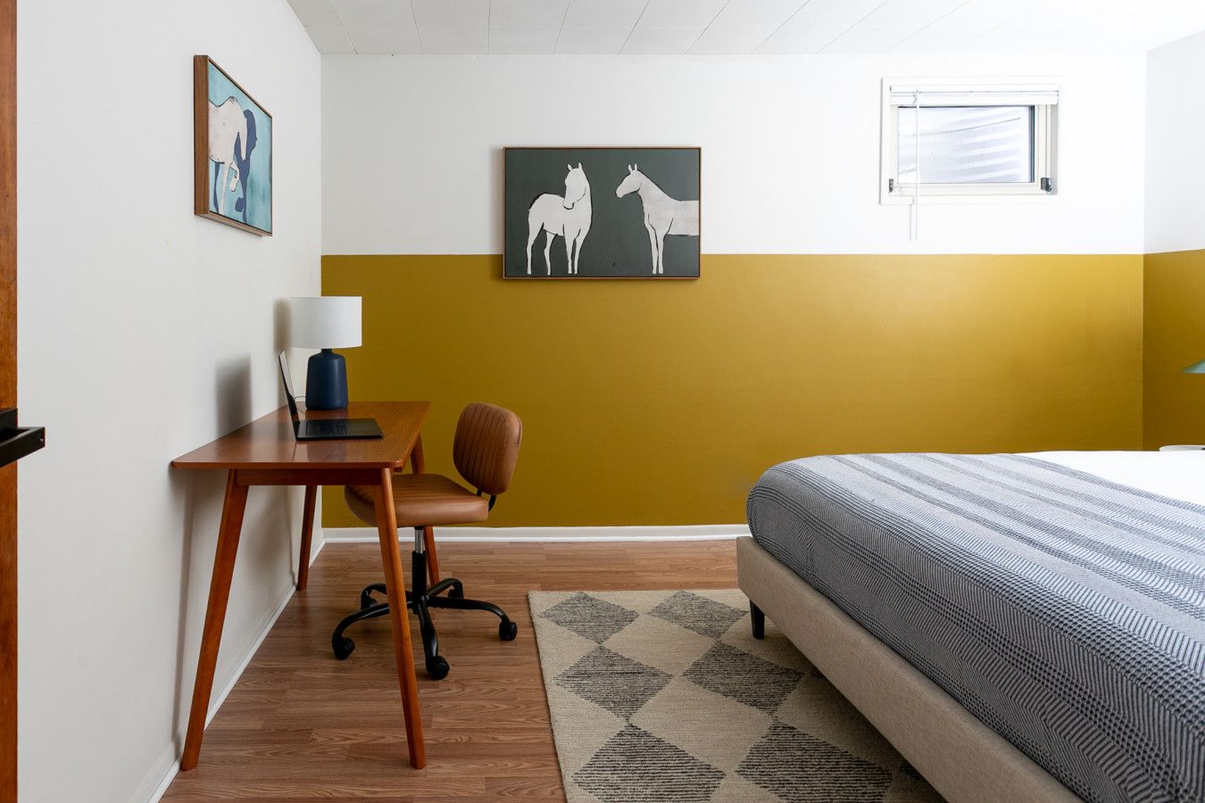 Bedroom with ochre yellow lower wall band