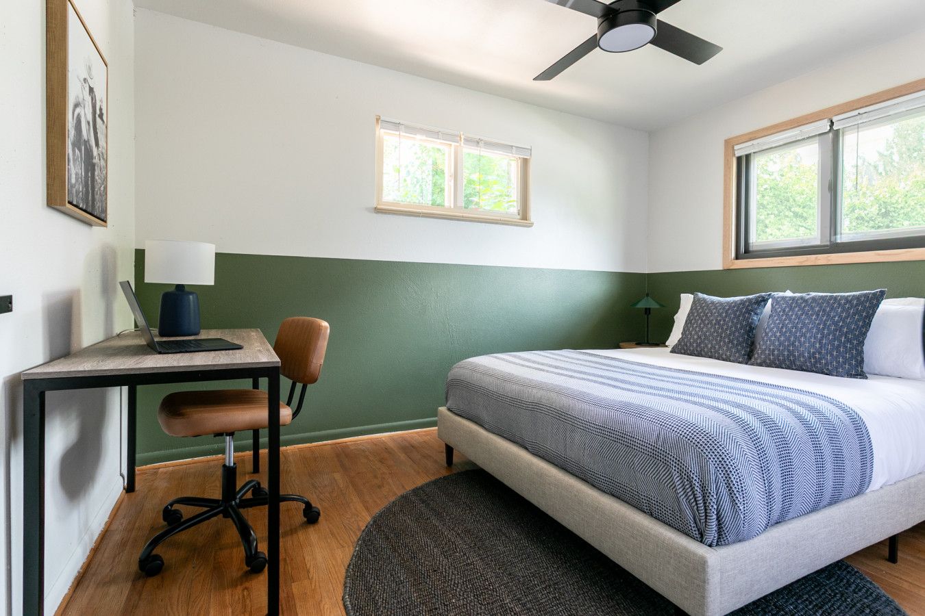 Bedroom with sage green lower wall band