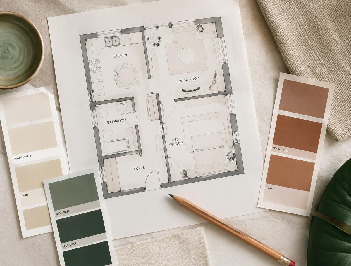 Designer color plan with floor plan and paint swatches in warm white, sage, deep green and terracotta