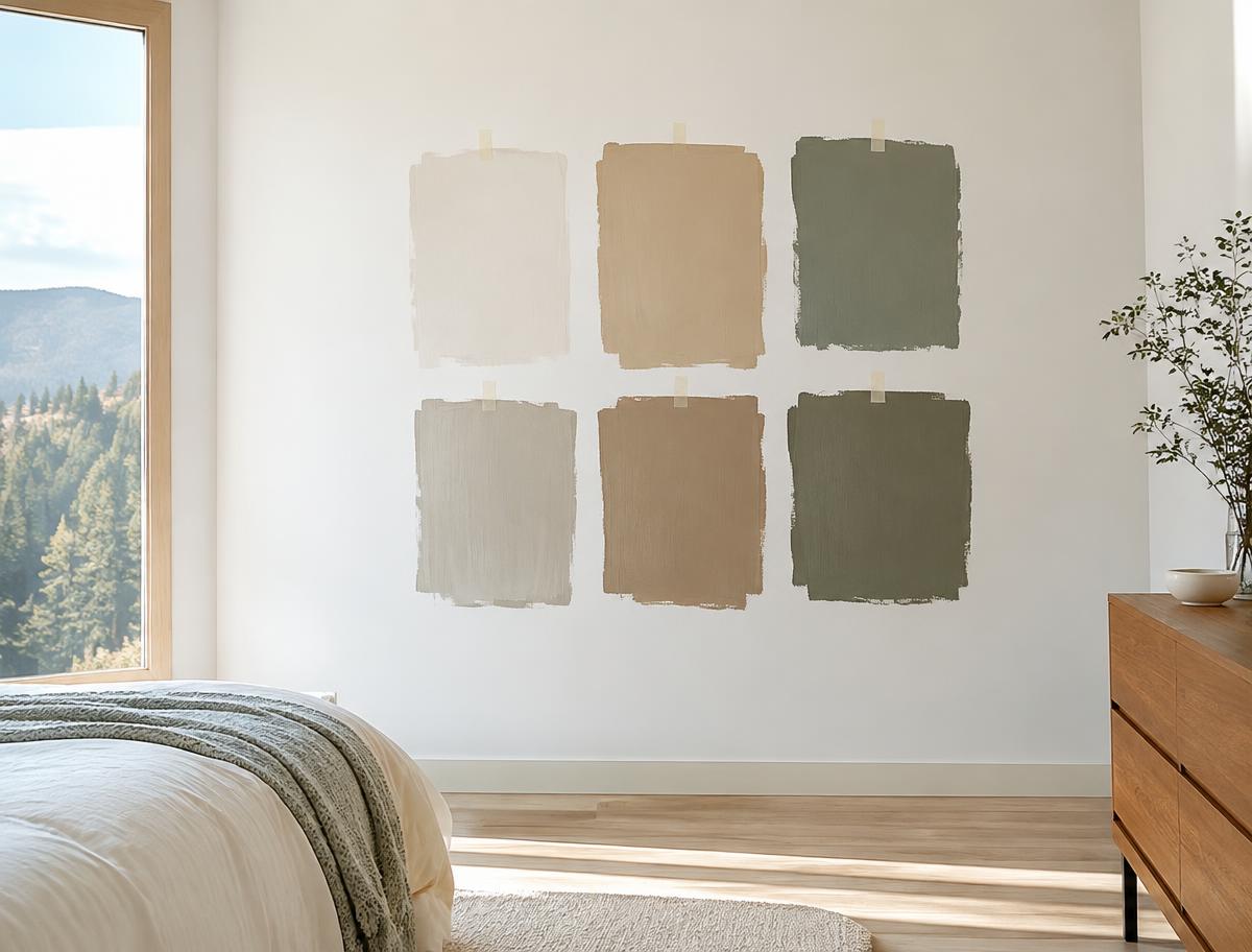 Large paint sample swatches taped on a bedroom wall in warm neutrals and muted green